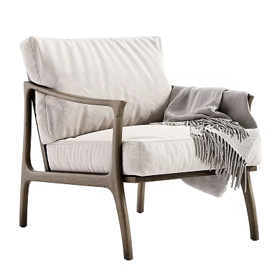 Modern Accent Chair with Wooden Frame Light Fabric Cushion and Gray Throw Blanket 3d model