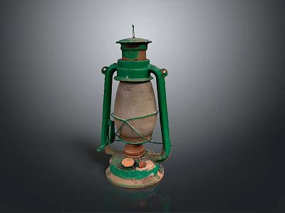 Rustic Vintage Lighting Combination Featuring Green And Beige Old Fashioned Kerosene Lamp With Rusty Accents 3d model