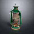 Rustic Vintage Lighting Combination Featuring Green And Beige Old Fashioned Kerosene Lamp With Rusty Accents