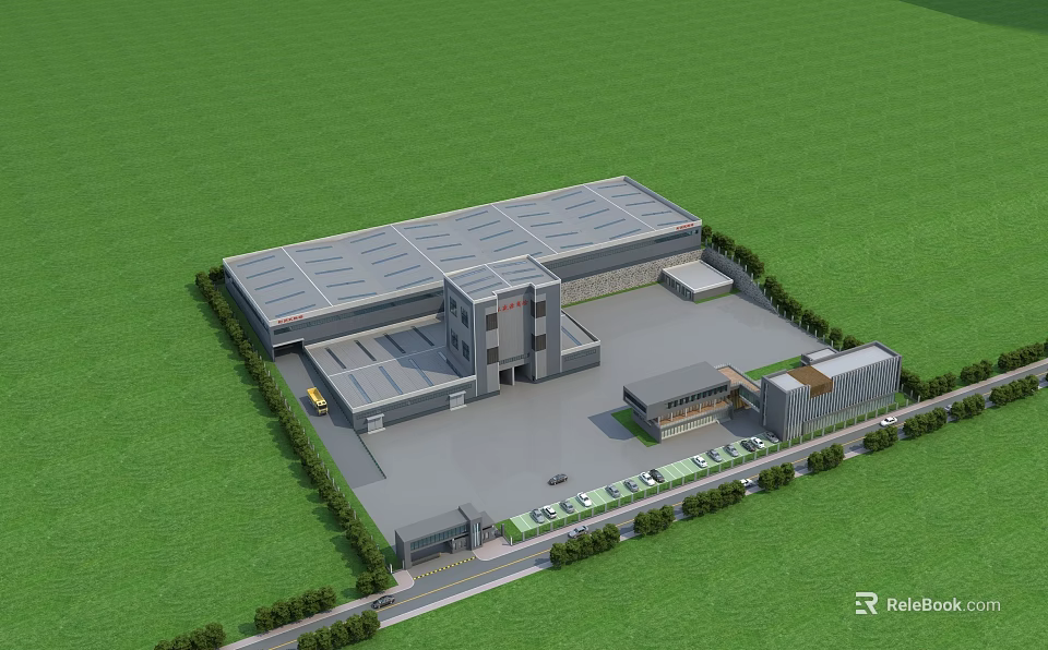 Industrial Factory Building With Green Lawn Surroundings Multiple Structures Parking Area And Road 3d model 