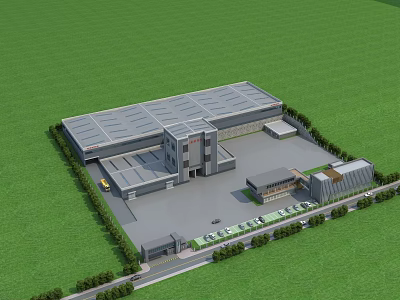 Industrial Factory Building With Green Lawn Surroundings Multiple Structures Parking Area And Road 3d model