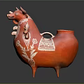 Red Ceramic Bull Shaped Vessel With White Decorative Patterns And Three Legs 3d model