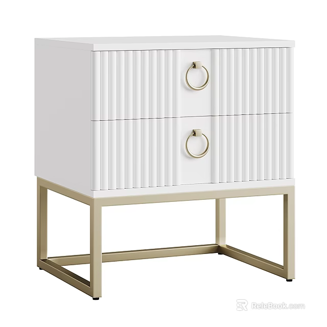White Nightstand With Two Drawers Gold Ring Handles Vertical Striped Design And Gold Metal Frame 3d model 