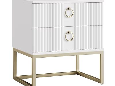 White Nightstand With Two Drawers Gold Ring Handles Vertical Striped Design And Gold Metal Frame 3d model