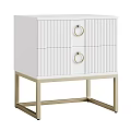 White Nightstand With Two Drawers Gold Ring Handles Vertical Striped Design And Gold Metal Frame