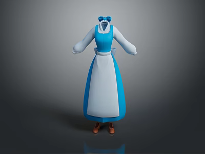 Blue And White Long Sleeve Dress With Apron Design Brown Shoes And Bow Decoration 3d model