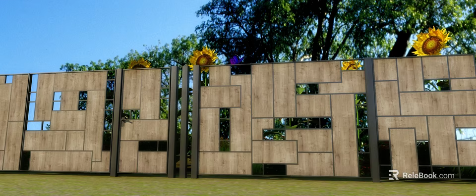Modern Wooden Fence With Geometric Pattern Sunflowers And Green Trees 3d model 