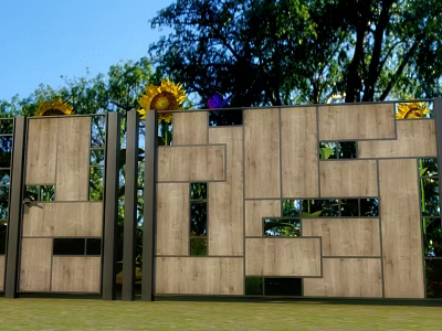 Modern Wooden Fence With Geometric Pattern Sunflowers And Green Trees 3d model