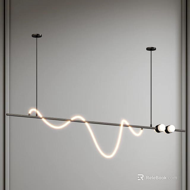Modern Chandelier With Black Rod Curved Glowing Light Strip And Round White Lamp Balls 3d model 