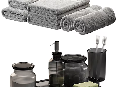 Modern Bathroom Accessories With Folded Rolled Towels Soap Dispenser Toothbrush Holder Storage Jars And Soap 3d model