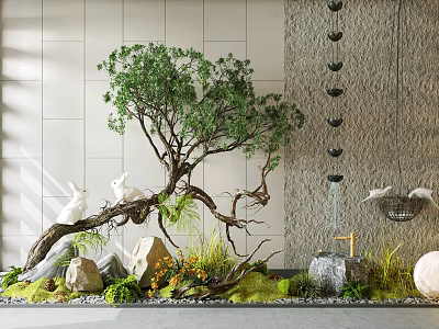 Indoor Plant Combination Featuring Unique Tree Stones Moss Greenery Rabbit Sculptures And Water Feature 3d model