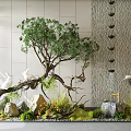 Indoor Plant Combination Featuring Unique Tree Stones Moss Greenery Rabbit Sculptures And Water Feature