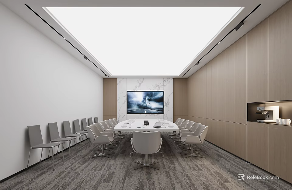 Modern Conference Room Interior With Large Table White Chairs And Wall Mounted Screen 3d model