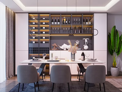 Modern Restaurant Interior With White Dining Table Gray Chairs Wine Cabinet And Decorative Plants 3d model