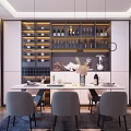 Modern Restaurant Interior With White Dining Table Gray Chairs Wine Cabinet And Decorative Plants