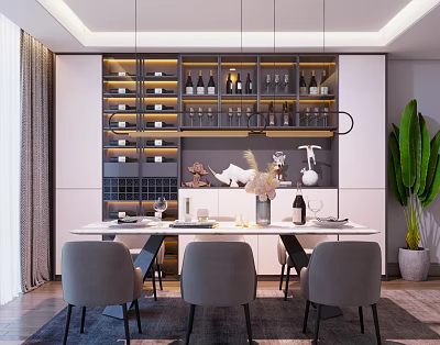 Modern Restaurant Interior With White Dining Table Gray Chairs Wine Cabinet And Decorative Plants 3d model