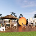 Outdoor Photo Check In Spot With Straw Umbrella Round Moon Palm Trees And Wooden Deck