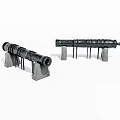 Vintage Black Cannons With Metal Structure And Stone Brackets On White Background 3d model