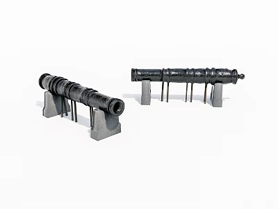 Vintage Black Cannons With Metal Structure And Stone Brackets On White Background 3d model