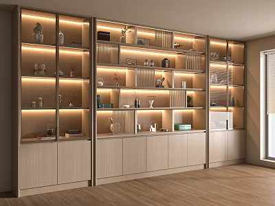 Modern Wooden Display Cabinet With Multiple Shelves Built In Lighting And Storage Space 3d model
