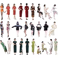 Group of Women Wearing Various Cheongsam in Different Styles and Poses