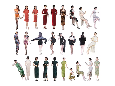 Group of Women Wearing Various Cheongsam in Different Styles and Poses 3d model