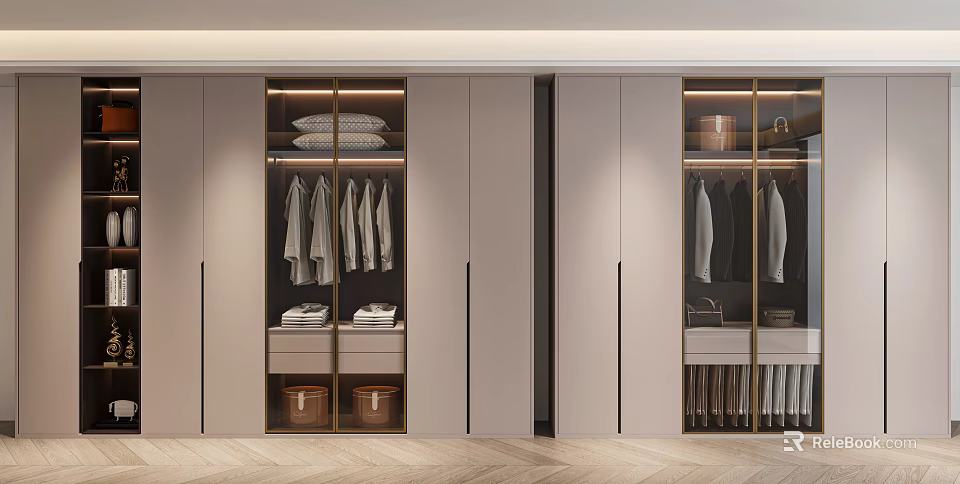 Modern Wardrobe Interior Design With Glass Doors Hanging Clothes And Storage Baskets 3d model 