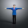 Man Wearing Blue Suit and Red Tie Standing With Arms Outstretched Against Gray Background