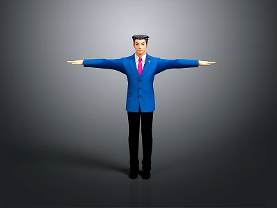 Man Wearing Blue Suit and Red Tie Standing With Arms Outstretched Against Gray Background 3d model