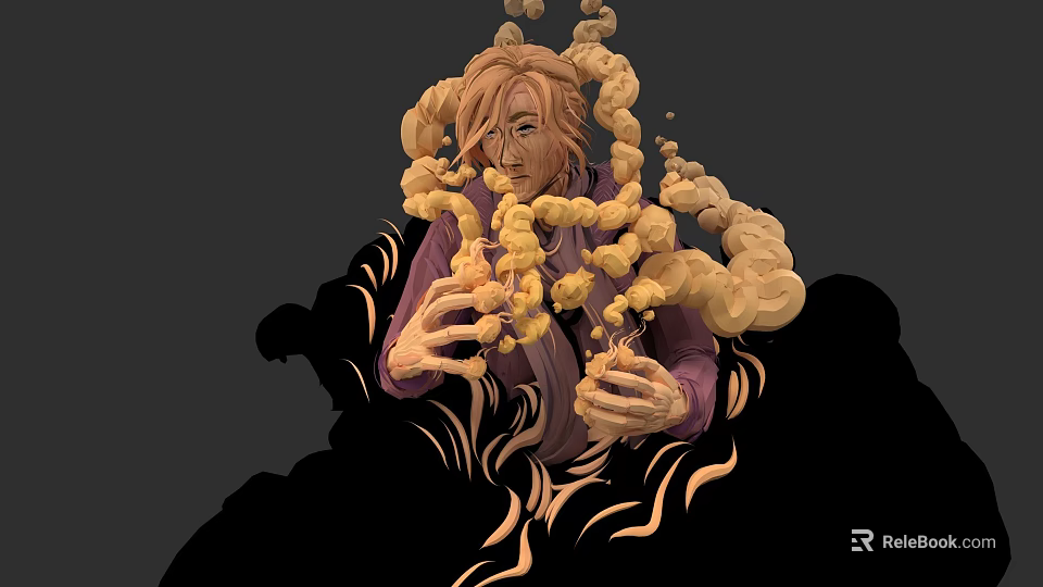 Game Movie Character With Blonde Hair In Purple Outfit Surrounded By Yellow Spirals Dark Background 3d model 