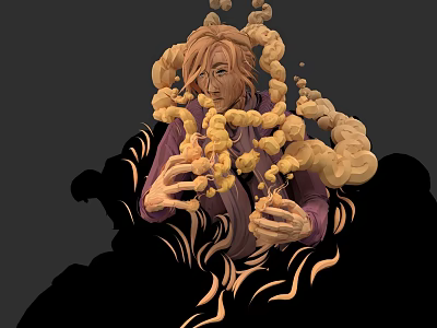 Game Movie Character With Blonde Hair In Purple Outfit Surrounded By Yellow Spirals Dark Background 3d model