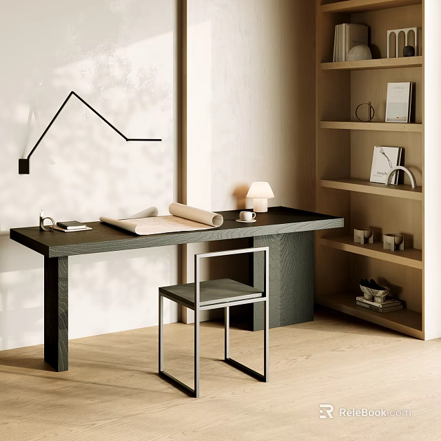 Minimalist Modern Desk and Chair Set with Black Table Metal Frame Chair Wooden Shelf and Table Lamp 3d model 