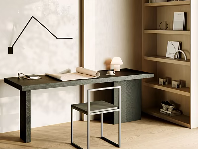 Minimalist Modern Desk and Chair Set with Black Table Metal Frame Chair Wooden Shelf and Table Lamp 3d model
