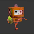 Cartoon Orange Robot Character With Blue Top Holding Green Bottle And Striped Legs