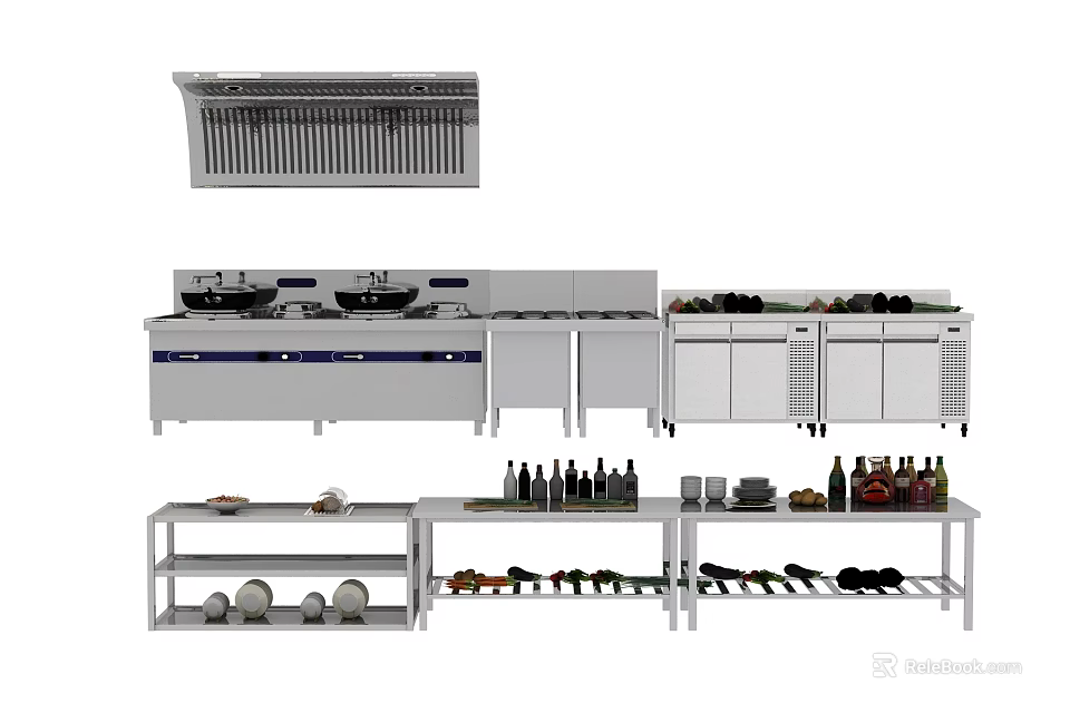 Commercial Kitchen Appliances Setup With Range Hood Refrigerator Workbench And Storage Shelves 3d model 