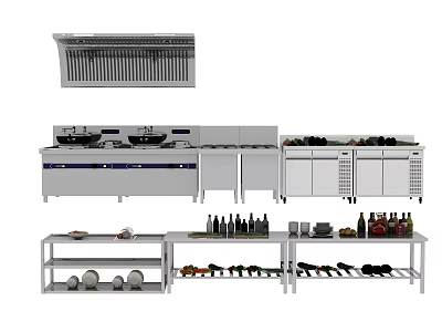 Commercial Kitchen Appliances Setup With Range Hood Refrigerator Workbench And Storage Shelves 3d model