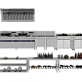 Commercial Kitchen Appliances Setup With Range Hood Refrigerator Workbench And Storage Shelves