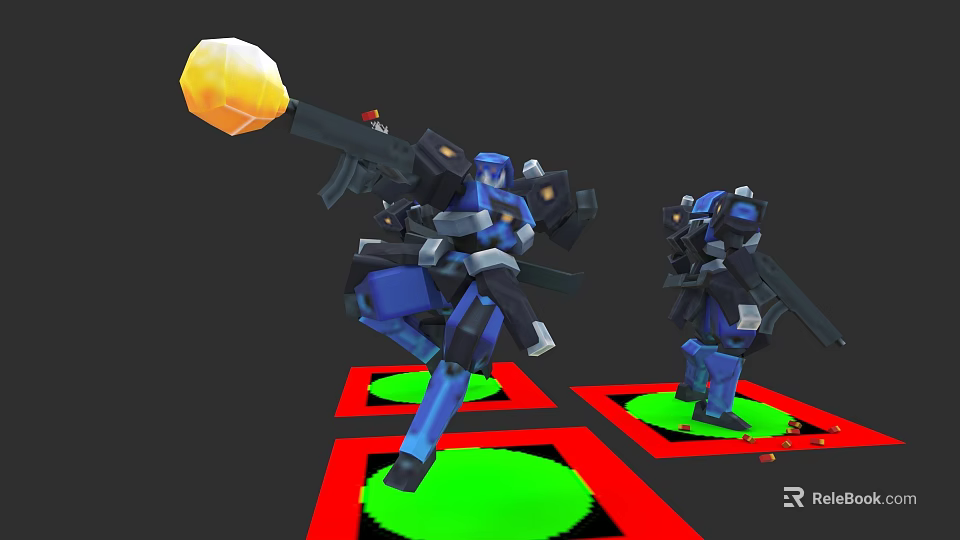 Yellow Glow Weapon Held by Blue Robot on Red and Green Platform with Another Robot 3d model 