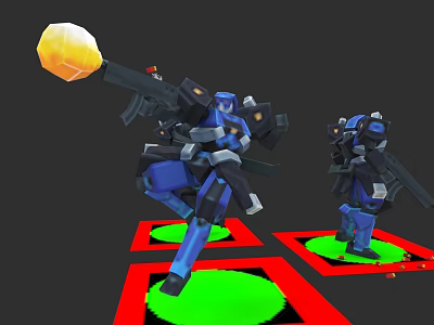 Yellow Glow Weapon Held by Blue Robot on Red and Green Platform with Another Robot 3d model