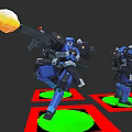 Yellow Glow Weapon Held by Blue Robot on Red and Green Platform with Another Robot