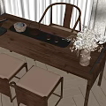 Natural Wooden Tea Table and Chairs with Tea Set Tray Dried Flowers in Vase Interior