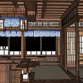 Traditional Japanese Restaurant Interior with Wooden Structure Shoji Screens Bar Counter Lanterns and Wine Racks