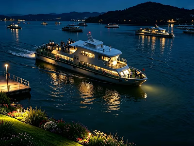 Garden Landscape At Night With Lake Surface Cruise Boats Shore Lights And Flowers 3d model