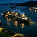Garden Landscape At Night With Lake Surface Cruise Boats Shore Lights And Flowers