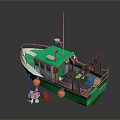 Green and White Fishing Boat with Cabin Deck and Red Buoys