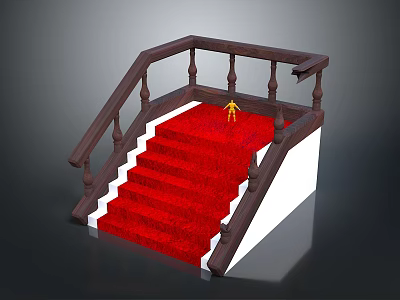Stairs Interior Design With Red Carpet Brown Railing And White Steps 3d model