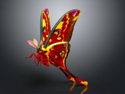 Colorful Butterfly With Red Yellow Purple Patterned Wings On Gray Background 3d model