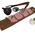 Raw Pork Tenderloin on Wooden Cutting Board with Rosemary Garlic Mortar and Fork
