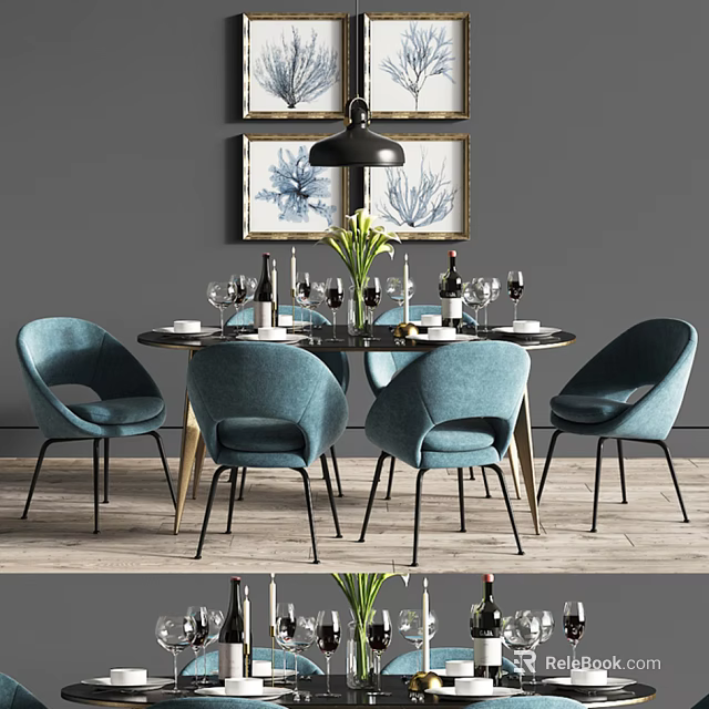 Modern Round Dining Table Set with Blue Chairs Wine Glasses Vase and Framed Art 3d model