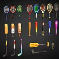 Colorful Sports Equipment Collection Including Tennis Rackets Cricket Bats Hockey Sticks And Golf Gear
